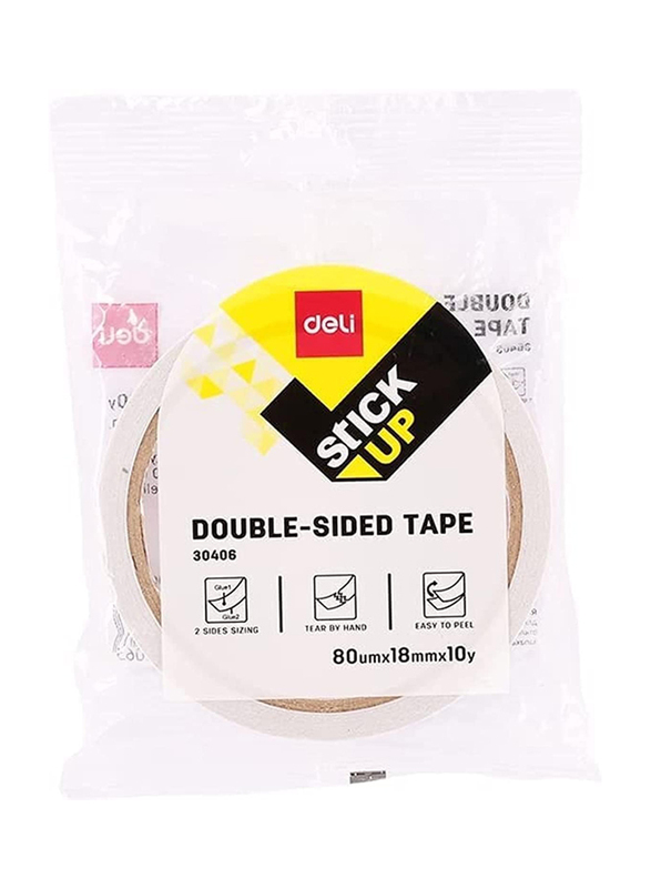 Deli Stick Up Double Sided Tape, 18mm x 10 Yards, White