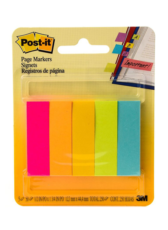 3M Scotch 250-Sheets 1/2"x1.75" Post-it Page Marker with 5 Fluorescent Colours, Multicolour