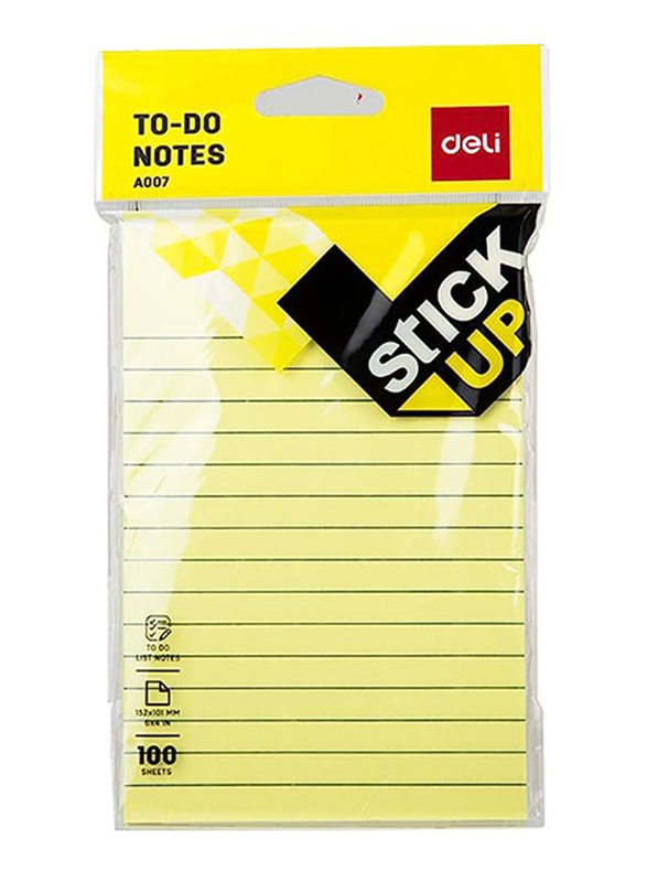 Deli Stick Up Ruled Sticky Notes, 100 Sheets, 152 x 101mm, Yellow
