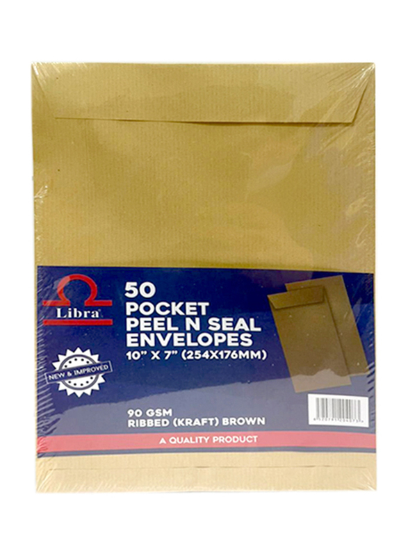 Libra Pocket Peel N Seal Envelops, 254 x 176mm, 90 GSM, 50 Pieces, Brown