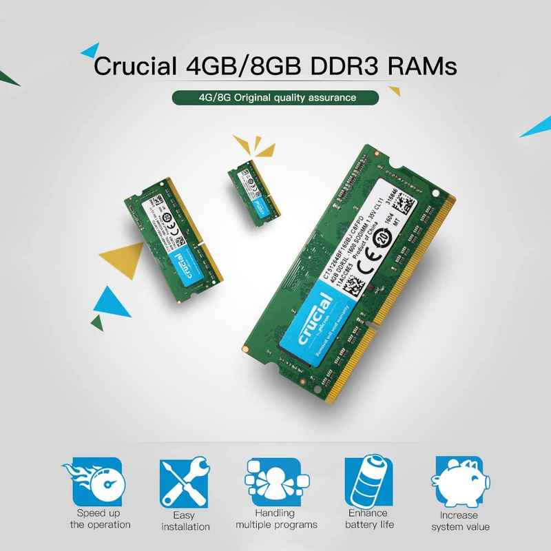 Crucial 8GB 1600MHz DDR3 PC3-12800 1.35V CL11 204 SODIMM CL11 Notebook Laptop Memory RAM, CT102464BF160B, Green