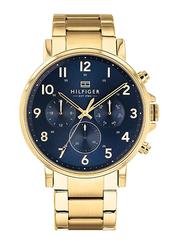

Tommy Hilfiger Analog Watch for Men with Stainless Steel Band, Water Resistant and Chronograph, 1710384, Gold-Navy Blue