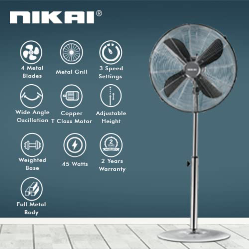 Nikai Pedestal Fan 4 Metal Blades with Full Metal Body, 60W, 16-inch, NPF169CMX, Silver