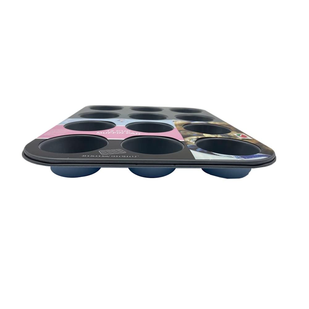 Chefi 35cm 12 Cup Rectangular Muffin Pan, 35x26.5x3 cm, Black/Pink