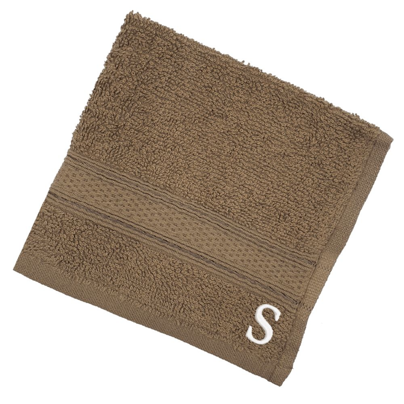 BYFT Daffodil (Dark Beige) Monogrammed Face Towel (30 x 30 Cm-Set of 6) 100% Cotton, Absorbent and Quick dry, High Quality Bath Linen-500 Gsm White Thread Letter "S"