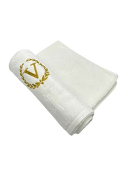 BYFT 100% Cotton Embroidered Monogrammed Letter V Bath Towel, 70 x 140cm, White/Gold
