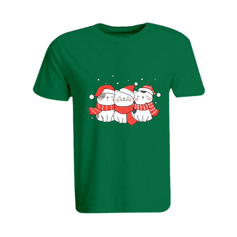 BYFT (Green) Holiday Themed Printed Cotton T-shirt (Three Cats With Scarf & Christmas Cap) Unisex Personalized Round Neck T-shirt (Small)-Set of 1 pc-190 GSM