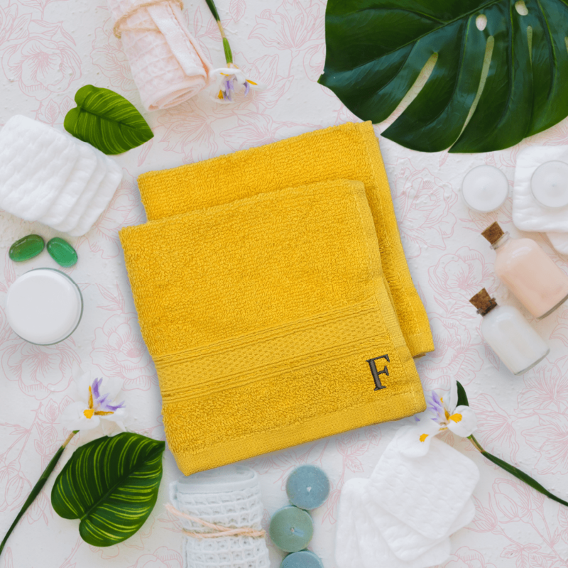 BYFT Daffodil (Yellow) Monogrammed Face Towel (30 x 30 Cm-Set of 6) 100% Cotton, Absorbent and Quick dry, High Quality Bath Linen-500 Gsm Black Thread Letter "F"