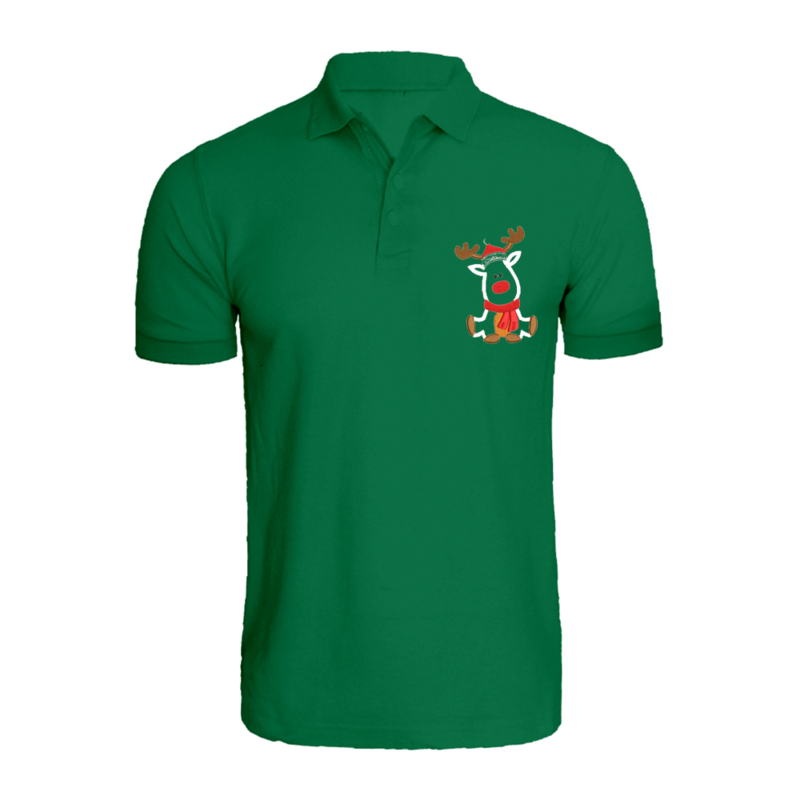 

BYFT (Green) Holiday Themed Embroidered Cotton T-shirt (Reindeer With Christmas Cap) Unisex Personalized Polo Neck T-shirt (Large)-Set of 1 pc-220 GSM