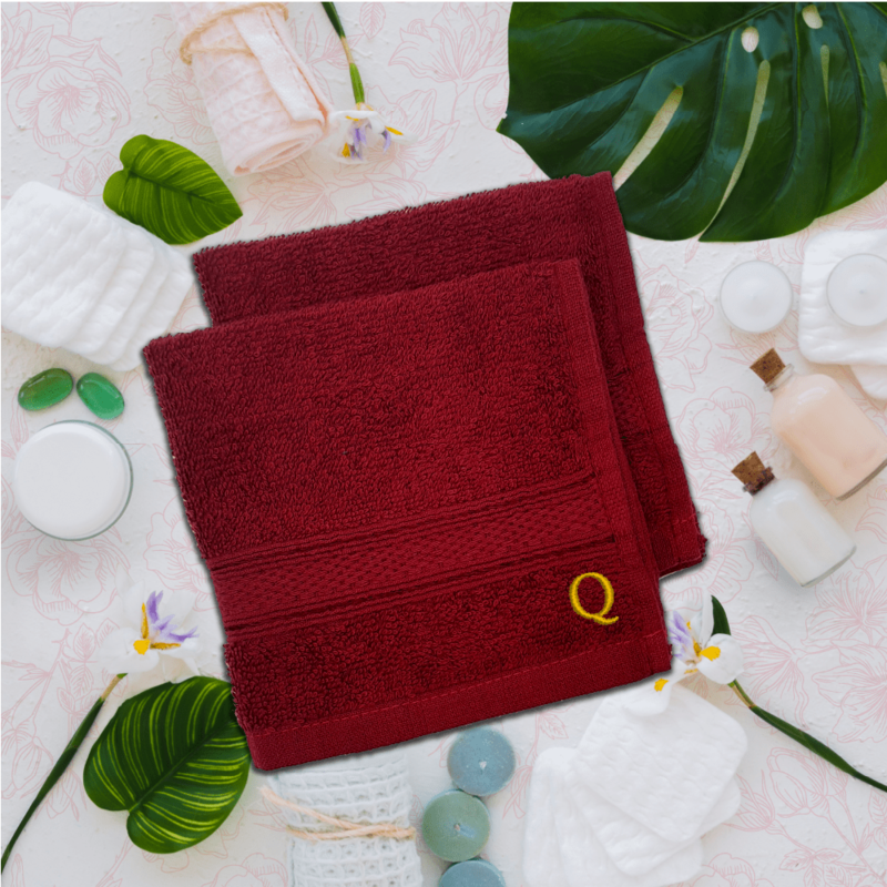 BYFT Daffodil (Burgundy) Monogrammed Face Towel (30 x 30 Cm-Set of 6) 100% Cotton, Absorbent and Quick dry, High Quality Bath Linen-500 Gsm Golden Thread Letter "Q"