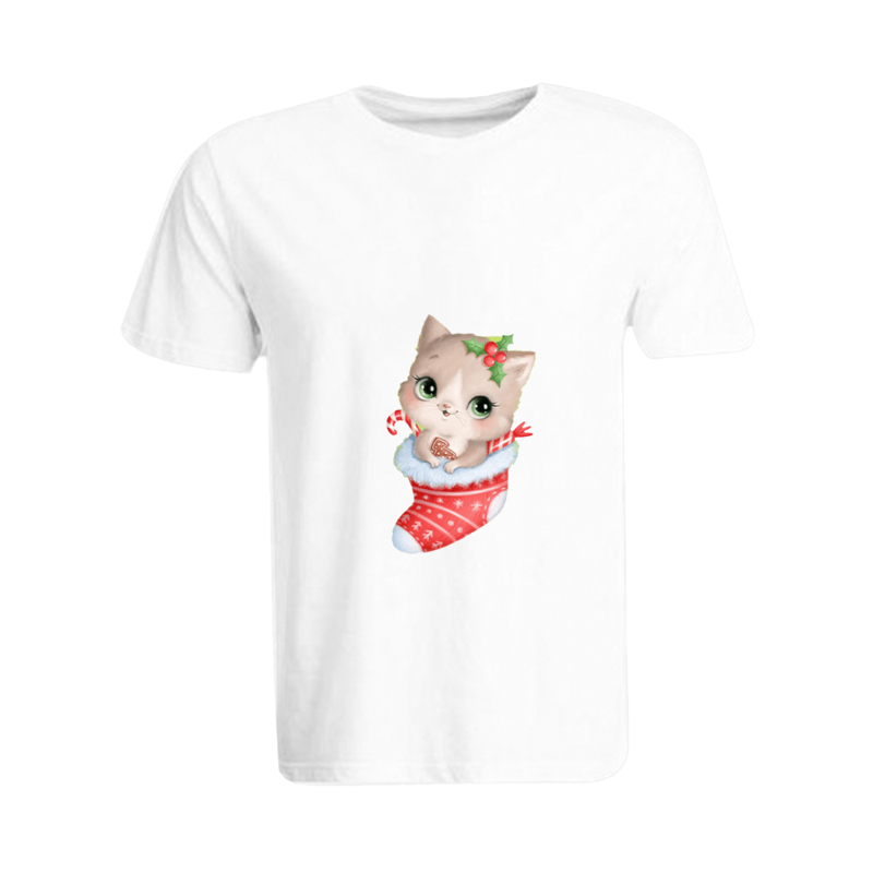 

BYFT (White) Holiday Themed Printed Cotton T-shirt (Cat inside Christmas Stockings) Unisex Personalized Round Neck T-shirt (XL)-Set of 1 pc-190 GSM