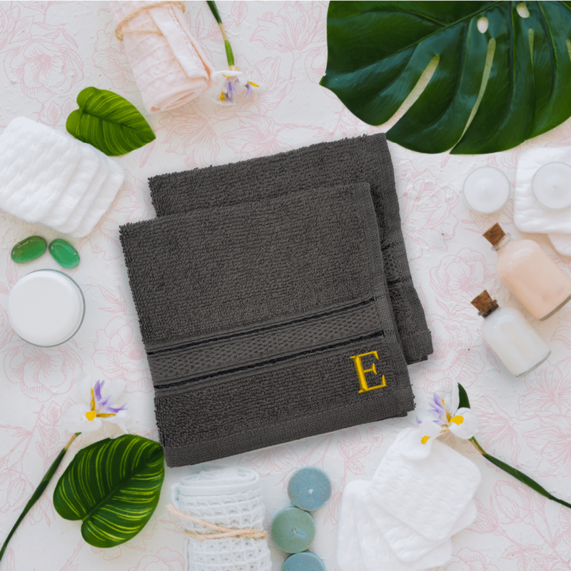 BYFT Daffodil (Dark Grey) Monogrammed Face Towel (30 x 30 Cm-Set of 6) 100% Cotton, Absorbent and Quick dry, High Quality Bath Linen-500 Gsm Golden Thread Letter "E"