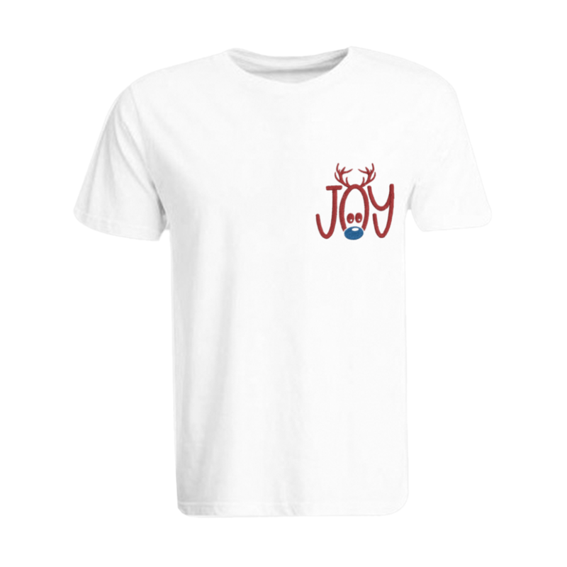 BYFT (White) Holiday Themed Embroidered Cotton T-shirt (Reindeer Joy) Unisex Personalized Round Neck T-shirt (XL)-Set of 1 pc-190 GSM