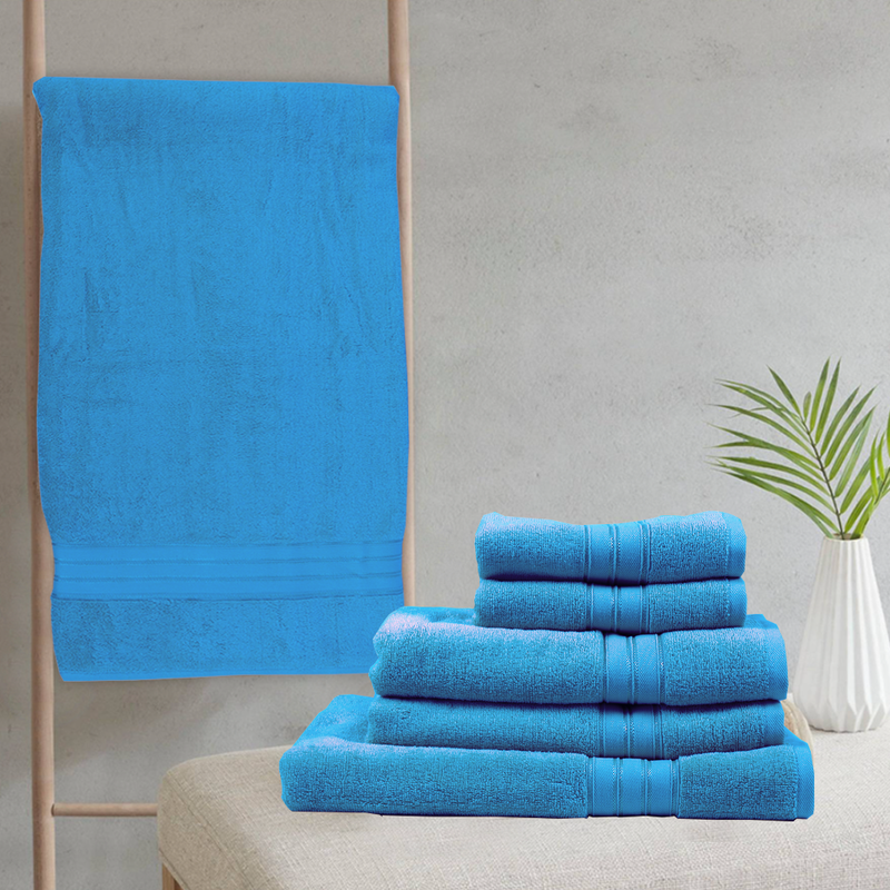 BYFT Home Trendy (Blue) 4 Hand Towel (50 x 90 Cm) & 2 Bath Towel (70 x 140 Cm) 100% Cotton Highly Absorbent, High Quality Bath linen with Striped Dobby 550 Gsm Set of 6