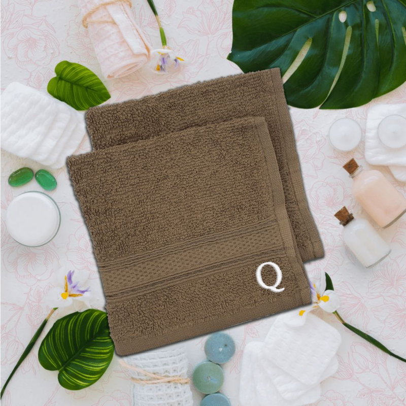 BYFT Daffodil (Dark Beige) Monogrammed Face Towel (30 x 30 Cm-Set of 6) 100% Cotton, Absorbent and Quick dry, High Quality Bath Linen-500 Gsm White Thread Letter "Q"