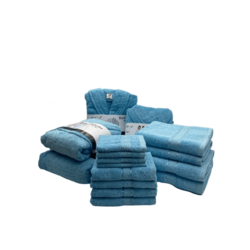 Daffodil(Light Blue)100% Cotton Premium Bath Linen Set(4 Face,4 Hand,2 Adult & 2 Kids Bath Towels with 2 Adult & 2,10yr Kids Bathrobe)Super Soft,Quick Dry & Highly Absorbent Family Pack of 16Pc
