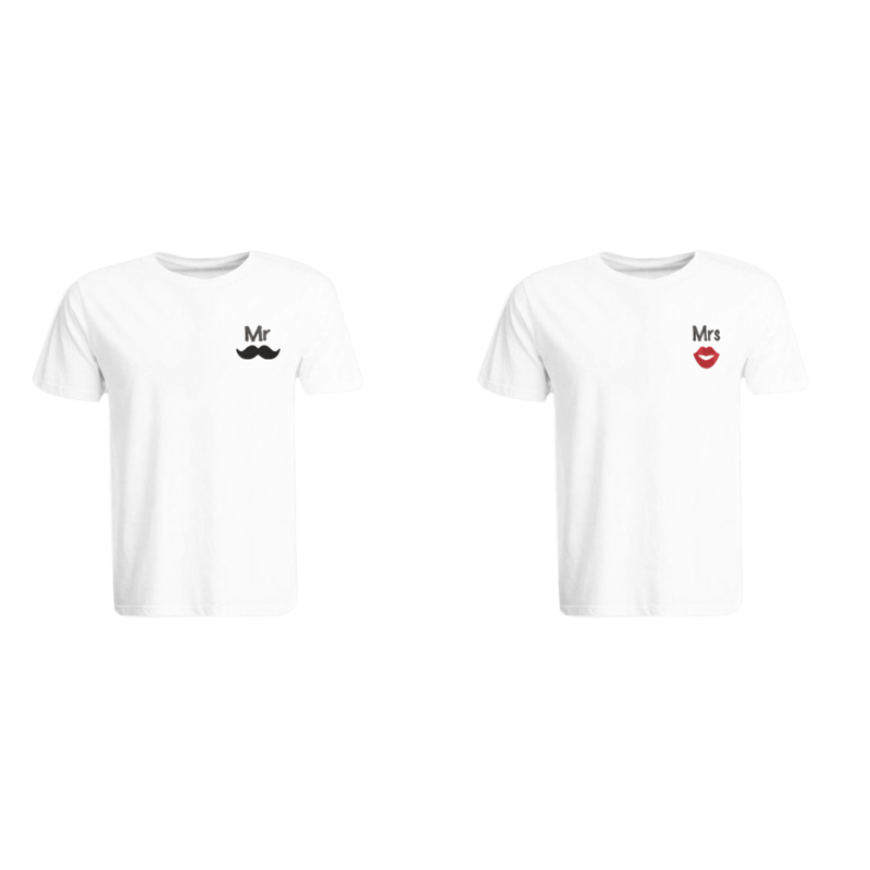 BYFT (White) Couple Embroidered Cotton T-shirt (Mr. Moustache & Mrs. Lips) Personalized Round Neck T-shirt (Large)-Set of 2 pcs-190 GSM
