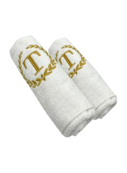 BYFT 2-Piece 100% Cotton Embroidered Letter T Bath & Hand Towel Set, White/Gold
