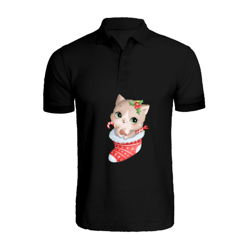 BYFT (Black) Holiday Themed Printed Cotton T-shirt (Cat inside Christmas Stockings) Unisex Personalized Polo Neck T-shirt (Medium)-Set of 1 pc-220 GSM