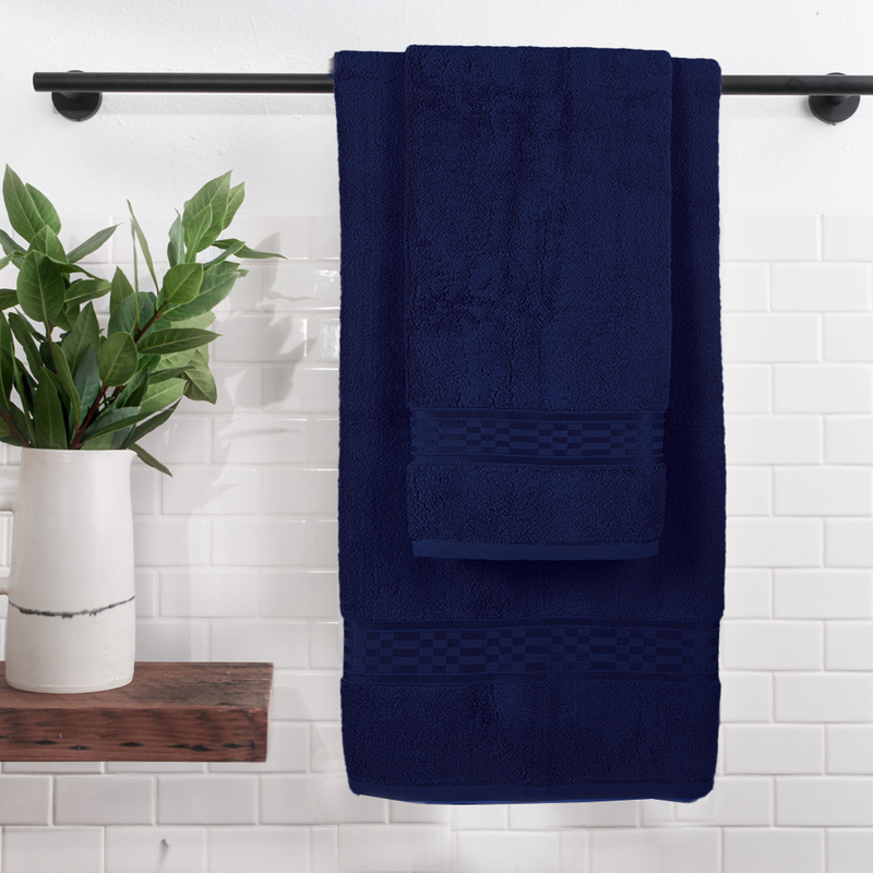 BYFT Home Ultra (Blue) Hand Towel (50 x 90 Cm) & Bath Towel (70 x 140 Cm) 100% Cotton Highly Absorbent, High Quality Bath linen with Checkered Dobby 550 Gsm Set of 2