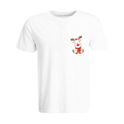 BYFT (White) Holiday Themed Embroidered Cotton T-shirt (Reindeer With Christmas Cap) Unisex Personalized Round Neck T-shirt (Medium)-Set of 1 pc-190 GSM