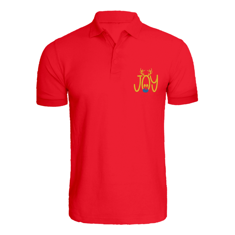 

BYFT (Red) Holiday Themed Embroidered Cotton T-shirt (Reindeer Joy) Unisex Personalized Polo Neck T-shirt (Small)-Set of 1 pc-220 GSM