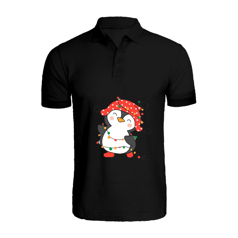 

BYFT (Black) Holiday Themed Printed Cotton T-shirt (Penguin Entangled in String Lights) Unisex Personalized Polo Neck T-shirt (XL)-Set of 1 pc-220 GSM