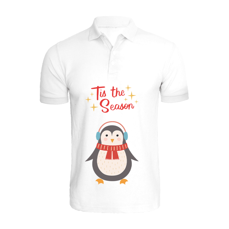 

BYFT (White) Holiday Themed Printed Cotton T-shirt (Tis The Season Penguin) Unisex Personalized Polo Neck T-shirt (XL)-Set of 1 pc-220 GSM