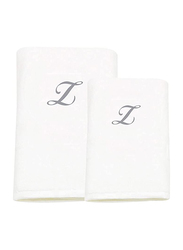 BYFT 2-Piece 100% Cotton Embroidered Letter Z Bath & Hand Towel Set, White/Silver