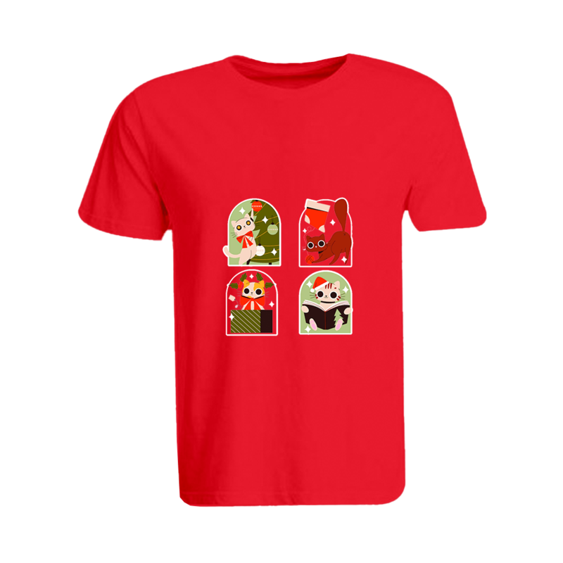 BYFT (Red) Holiday Themed Printed Cotton T-shirt (Christmas Cats) Unisex Personalized Round Neck T-shirt (Small)-Set of 1 pc-190 GSM