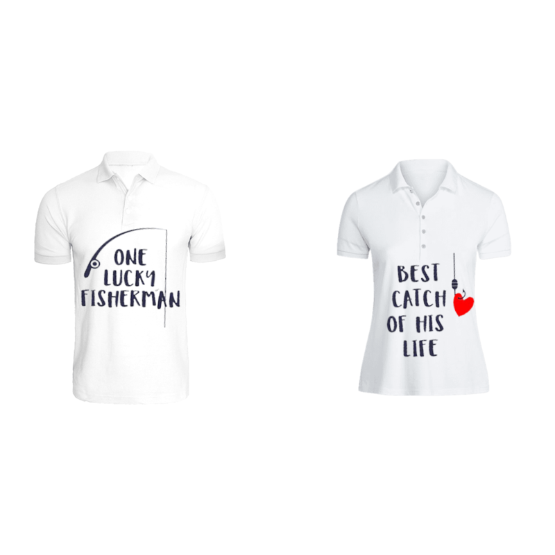 BYFT (White) Couple Printed Cotton T-shirt (Best Catch Fisherman) Personalized Polo Neck T-shirt (2XL)-Set of 2 pcs-220 GSM