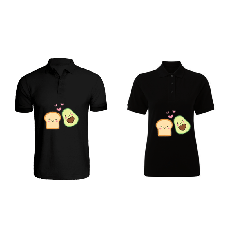 

BYFT (Black) Couple Printed Cotton T-shirt (Avocado Toast) Personalized Polo Neck T-shirt (Small)-Set of 2 pcs-220 GSM