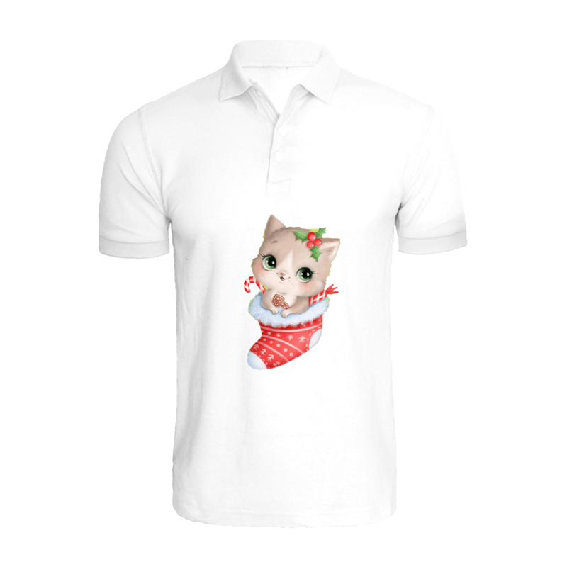 BYFT (White) Holiday Themed Printed Cotton T-shirt (Cat inside Christmas Stockings) Unisex Personalized Polo Neck T-shirt (Small)-Set of 1 pc-220 GSM