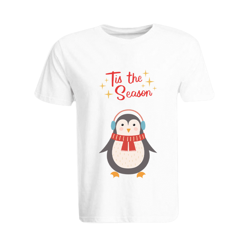 

BYFT (White) Holiday Themed Printed Cotton T-shirt (Tis The Season Penguin) Unisex Personalized Round Neck T-shirt (Small)-Set of 1 pc-190 GSM