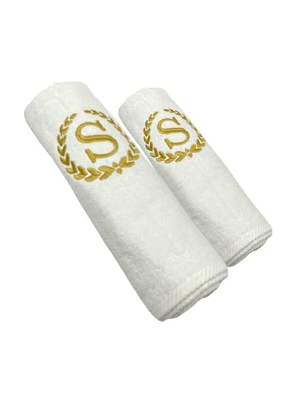 BYFT 2-Piece 100% Cotton Embroidered Letter S Bath & Hand Towel Set, White/Gold