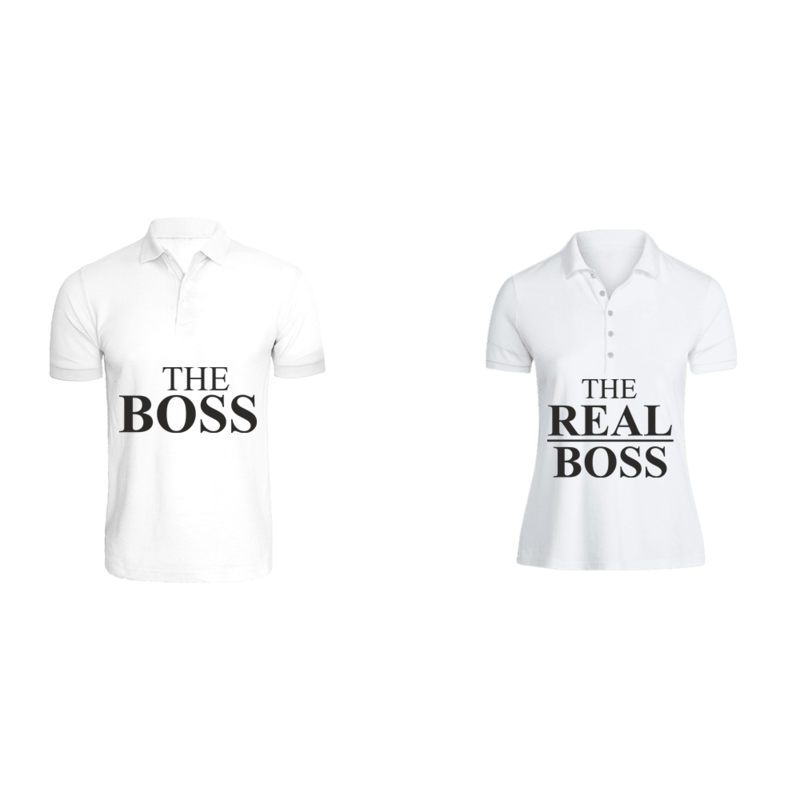 

BYFT (White) Couple Printed Cotton T-shirt (The Boss & The Real Boss) Personalized Polo Neck T-shirt (Large)-Set of 2 pcs-220 GSM