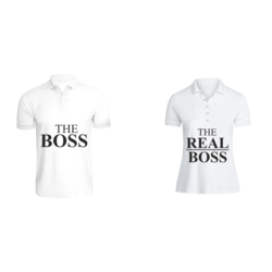BYFT (White) Couple Printed Cotton T-shirt (The Boss & The Real Boss) Personalized Polo Neck T-shirt (Large)-Set of 2 pcs-220 GSM