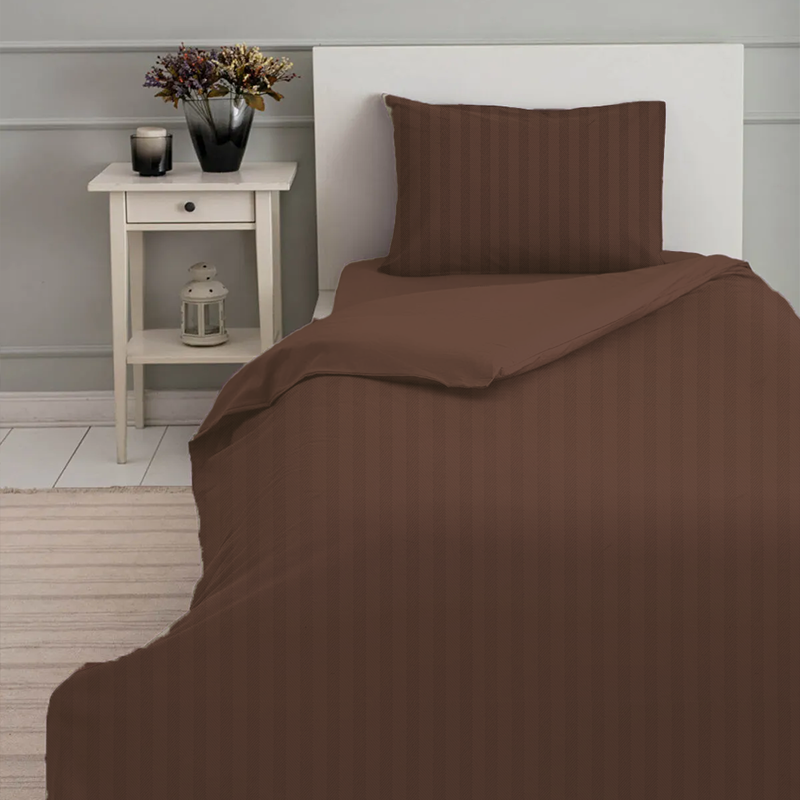 BYFT Tulip (Dark Brown) Single Size Fitted Sheet, Duvet Cover and Pillow case Set with 1 cm Satin Stripe (Set of 2 Pcs) 100% Cotton Percale Soft and Luxurious Hotel Quality Bed linen -300 TC