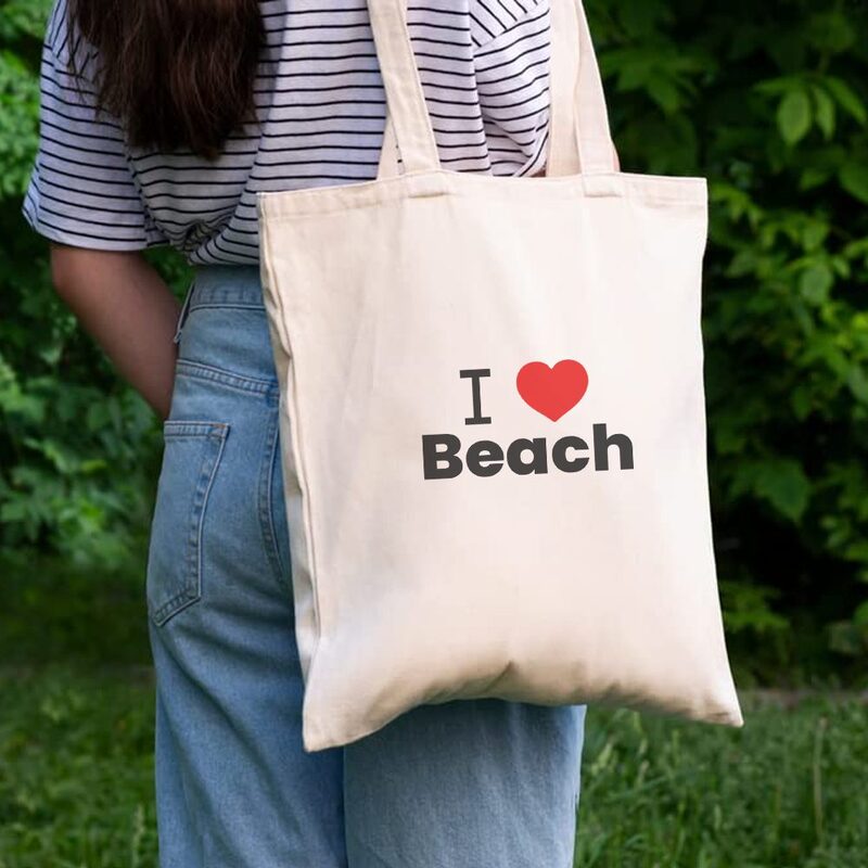 BYFT Natural Cotton Flat Tote Bag (I Love Beach)