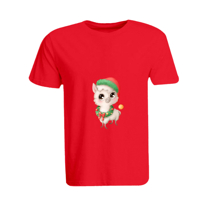 BYFT (Red) Holiday Themed Printed Cotton T-shirt (Llama with Christmas Cap) Unisex Personalized Round Neck T-shirt (XL)-Set of 1 pc-190 GSM