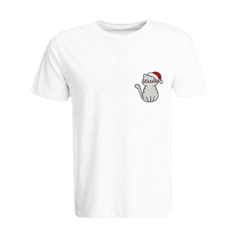 

BYFT (White) Holiday Themed Embroidered Cotton T-shirt (Cat with Christmas Cap) Unisex Personalized Round Neck T-shirt (Large)-Set of 1 pc-190 GSM