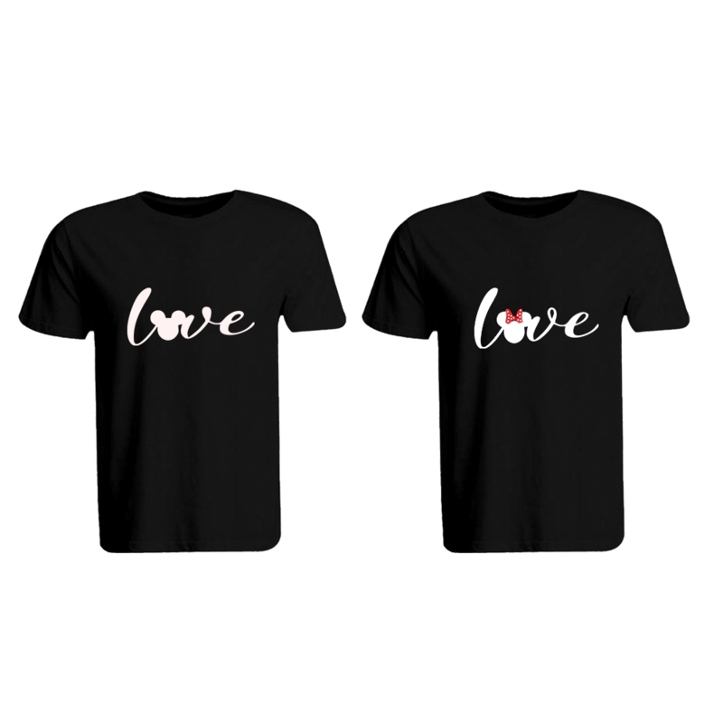 BYFT (Black) Couple Printed Cotton T-shirt (Mickey & Minnie Love) Personalized Round Neck T-shirt (Medium)-Set of 2 pcs-190 GSM
