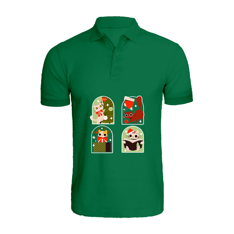 

BYFT (Green) Holiday Themed Printed Cotton T-shirt (Christmas Cats) Unisex Personalized Polo Neck T-shirt (Large)-Set of 1 pc-220 GSM