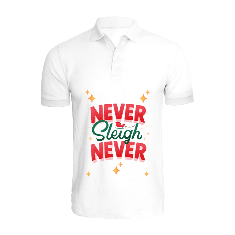 

BYFT (White) Holiday Themed Printed Cotton T-shirt (Never Sleigh Never) Unisex Personalized Polo Neck T-shirt (2XL)-Set of 1 pc-220 GSM