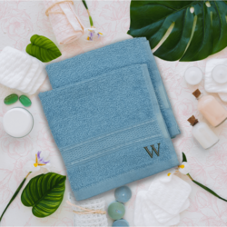 BYFT Daffodil (Light Blue) Monogrammed Face Towel (30 x 30 Cm-Set of 6) 100% Cotton, Absorbent and Quick dry, High Quality Bath Linen-500 Gsm Black Thread Letter "W"
