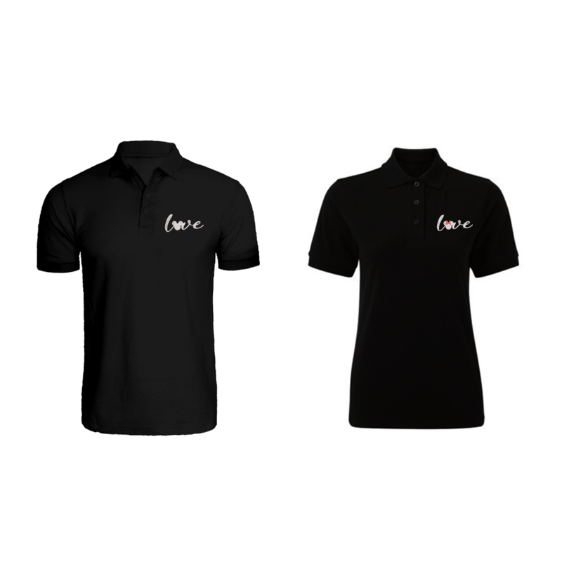 

BYFT (Black) Couple Embroidered Cotton T-shirt (Mickey & Minnie Love) Personalized Polo Neck T-shirt (Medium)-Set of 2 pcs-220 GSM