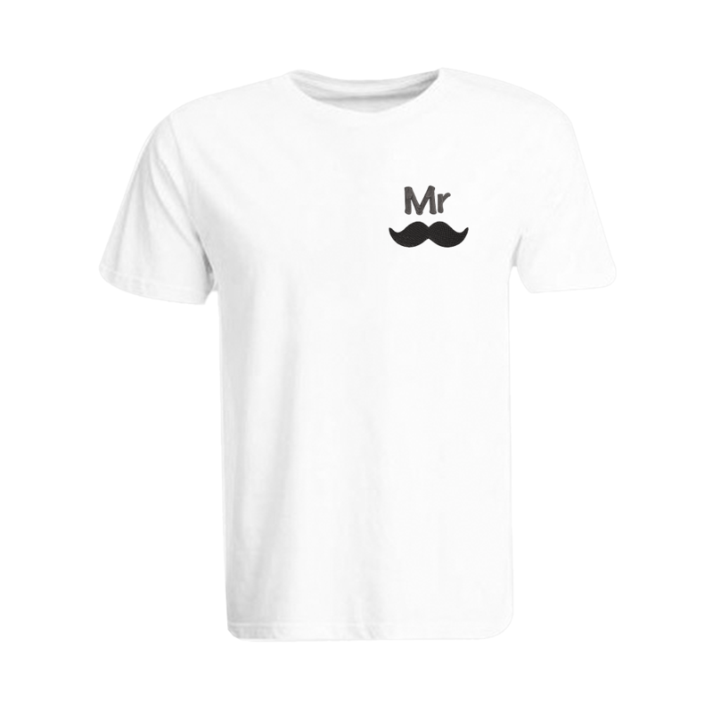 BYFT (White) Embroidered Cotton T-shirt (Mr. Moustache) Personalized Round Neck T-shirt For Men (Medium)-Set of 1 pc-190 GSM