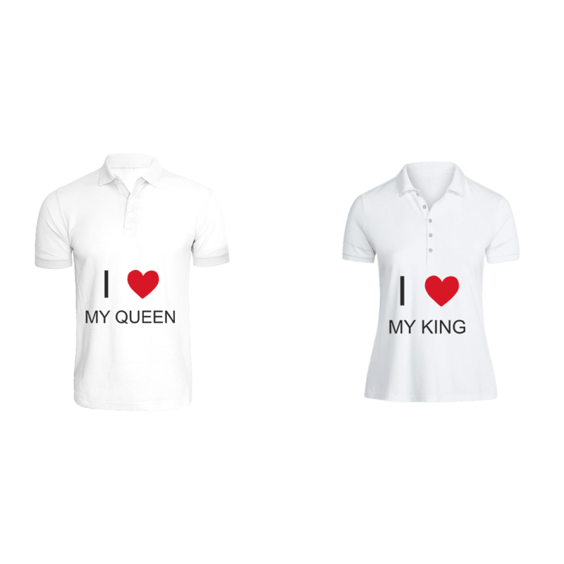 BYFT (White) Couple Printed Cotton T-shirt (I Love My King & Queen) Personalized Polo Neck T-shirt (Small)-Set of 2 pcs-220 GSM
