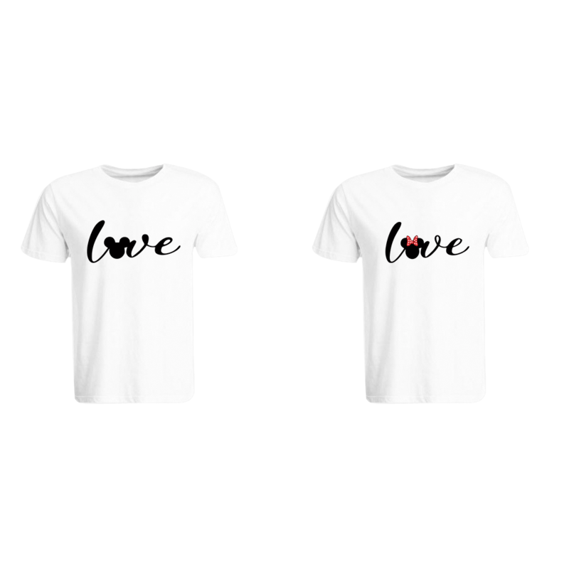 BYFT (White) Couple Printed Cotton T-shirt (Mickey & Minnie Love) Personalized Round Neck T-shirt (Small)-Set of 2 pcs-190 GSM