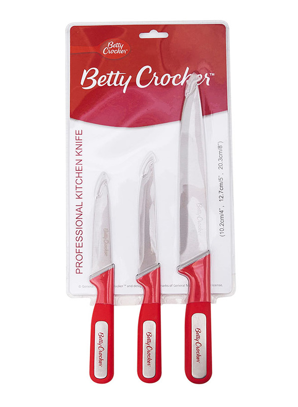 Betty Crocker 3-Piece Stainless Steel Kitchen Knife Set, Red